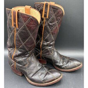 Vintage Dan Post Western Lizard Leather Cowboy Boots Brown Full Patchwork Sz 9D